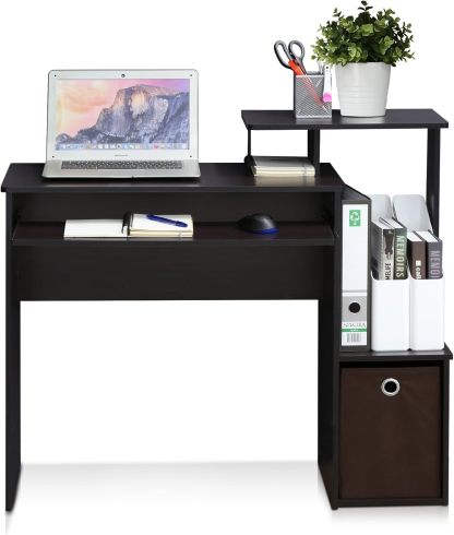 Furinno Econ Escritorio de escritura de computadora de oficina en casa multipropósito W/Bin, Blanco/Negro