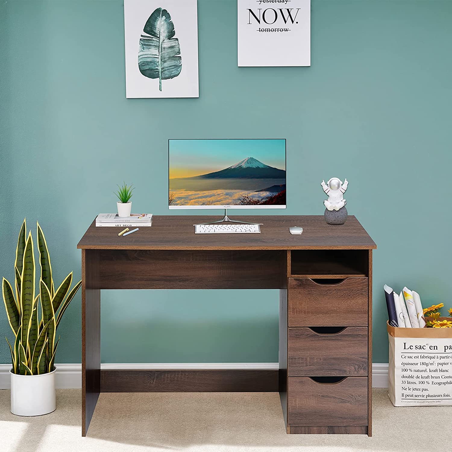 FurnitureR Escritorio para Computadora de Oficina con Almacenamiento Escritorio de Trabajo y Estudio con 5 Estantes Mesa Portátil para Estudiantes Escritorio de Escritura Moderno Haya y Blanco