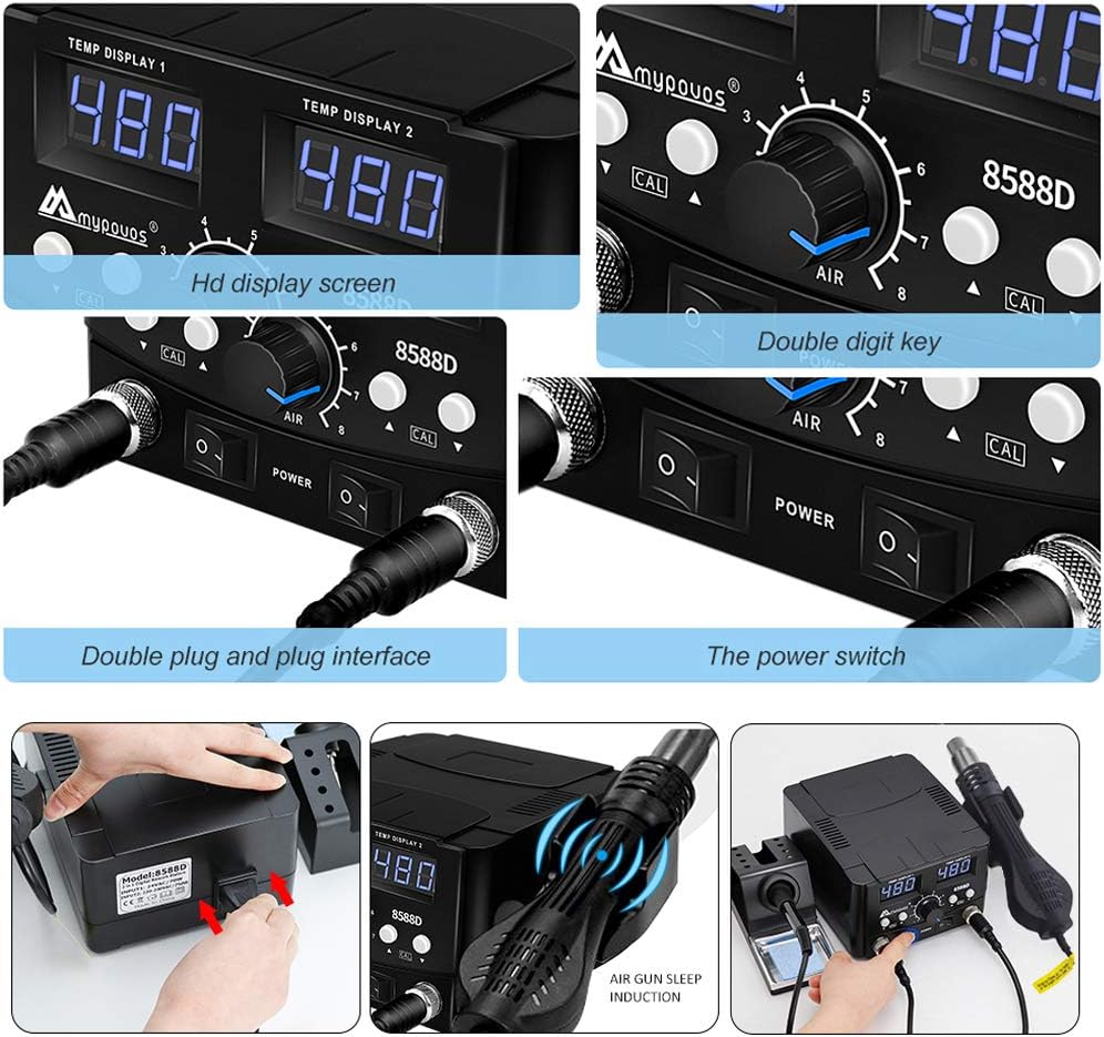 MYPOUOS - Estación de soldadura digital LED 2 en 1 de 750 W, estación de reanudación de pistola de aire caliente, soldador eléctrico para teléfono PCB IC SMD BGA juego de soldadura 110 V (8588D SET1)