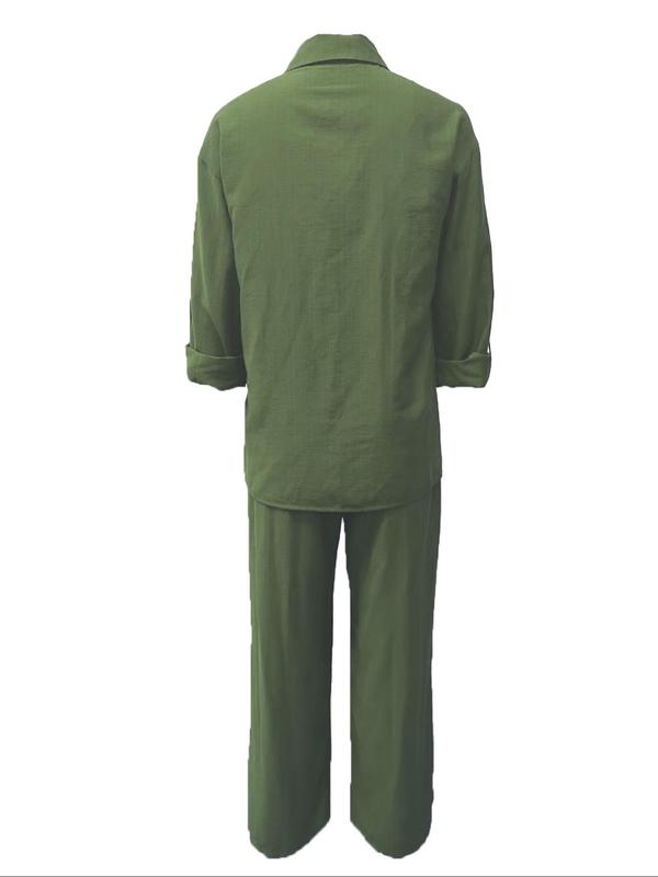 Women's Solid Color Shirt & Wide Leg Pants Set, Casual Fashion Cozy Breathable Two-piece Outfits for Daily Outdoor Wear, Women Clothes for Spring Fall