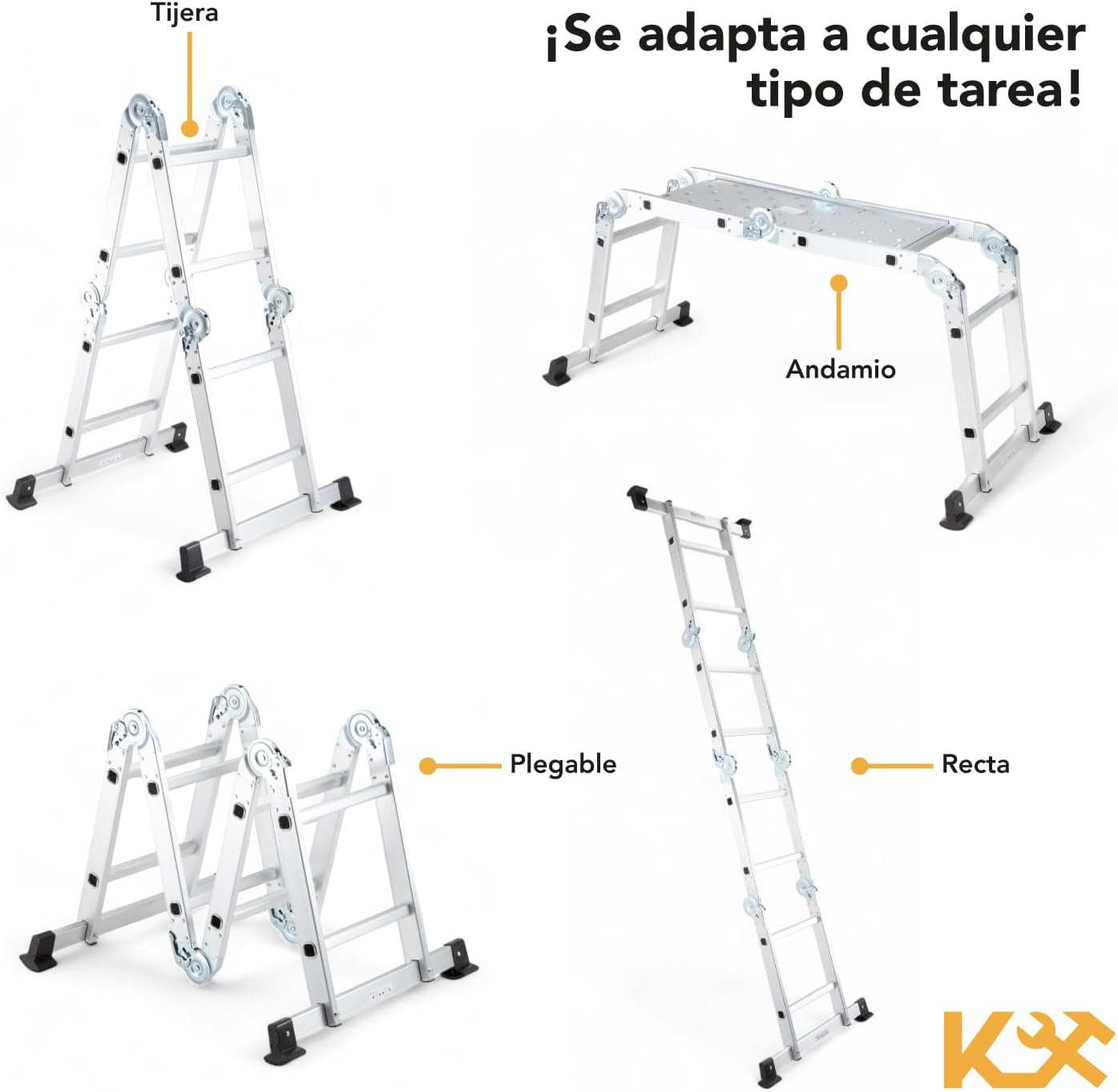 Kingsman | Escalera Multiposiciones 12 Peldaños con Charolas – Soporta hasta 150 kg – Escalera de Aluminio 3.5 MTS – Plegable – Escalera Multipropósito – Tipo Tijera – Andamio – Escalera Recta