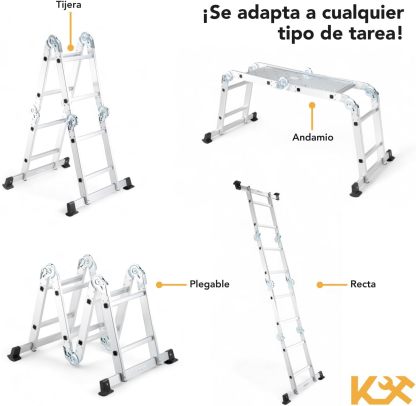 Kingsman | Escalera Multiposiciones 12 Peldaños con Charolas – Soporta hasta 150 kg – Escalera de Aluminio 3.5 MTS – Plegable – Escalera Multipropósito – Tipo Tijera – Andamio – Escalera Recta