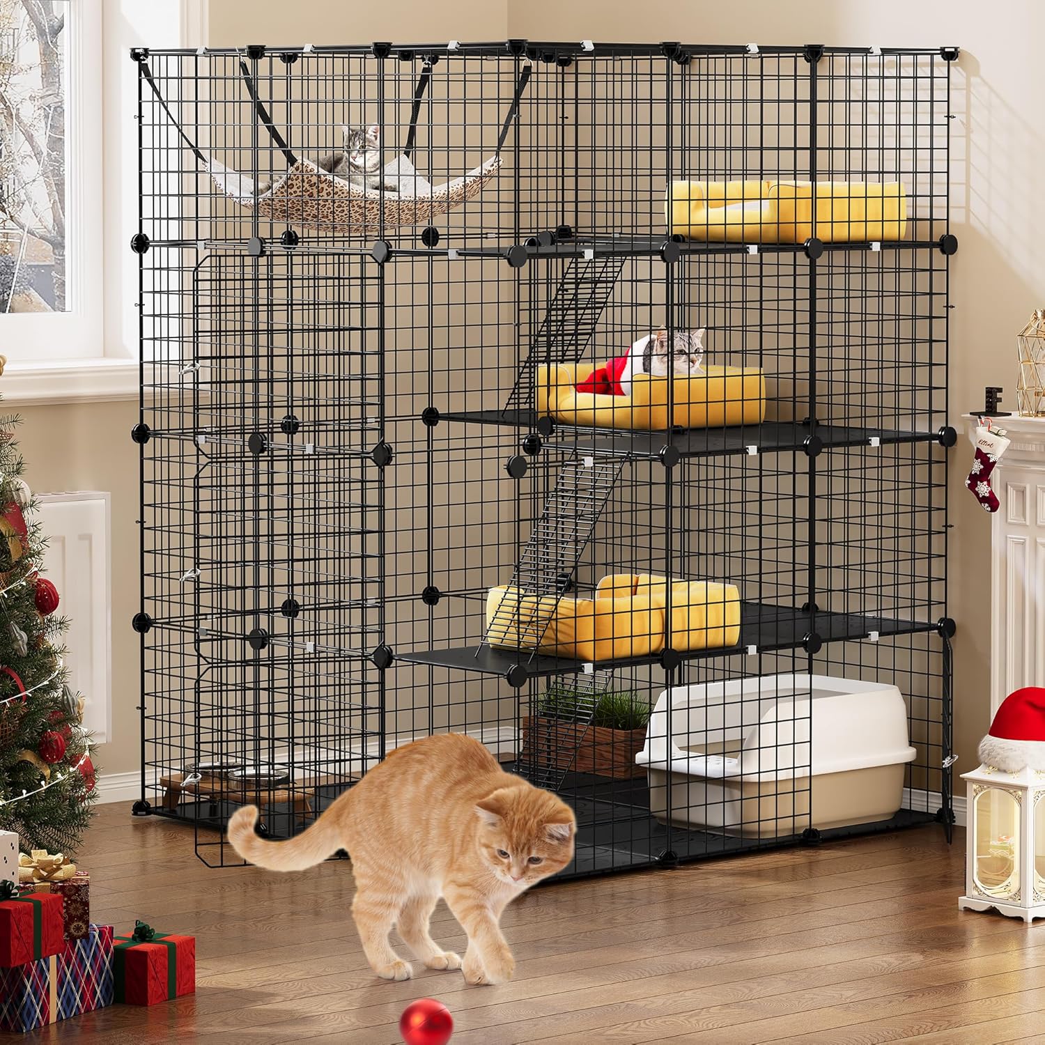 YITAHOME - Jaula Grande para Gatos con Cubo de Almacenamiento, Caja para Interiores de Metal con Hamaca para múltiples Mascotas, 4 Niveles de Perrera de Gato Negro, 140 x 140 x 140 cm