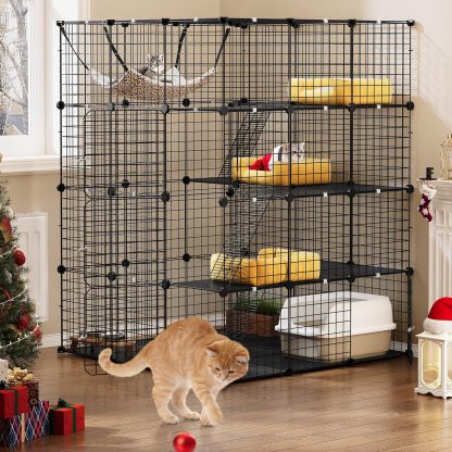 YITAHOME - Jaula Grande para Gatos con Cubo de Almacenamiento, Caja para Interiores de Metal con Hamaca para múltiples Mascotas, 4 Niveles de Perrera de Gato Negro, 140 x 140 x 140 cm