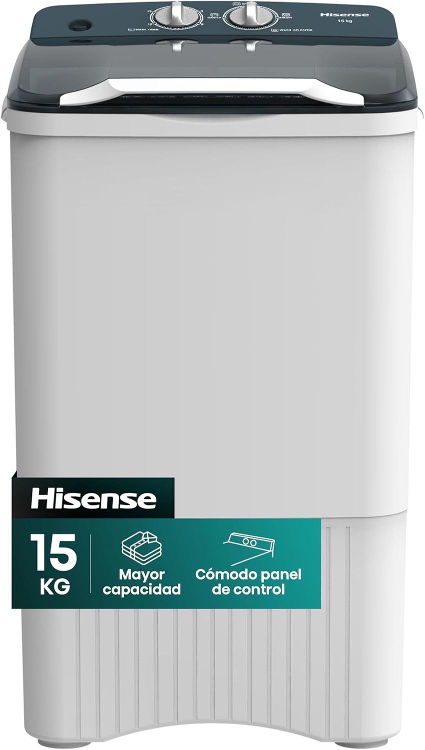 Hisense Lavadora WSFF1501, Semiautomática, 15 Kg, Temporizador de Lavado y Centrifugado, 55x52x91cm(AnchoxLargoxAlto), Blanco/Gris