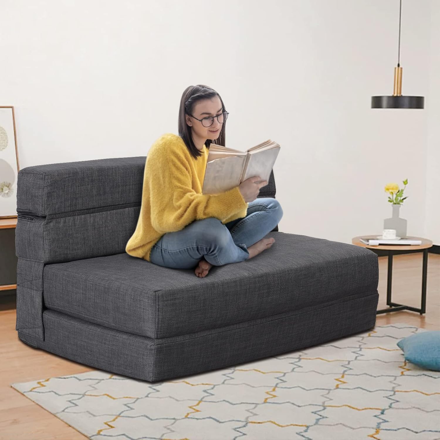 Silla reclinable Anoner, sofá cama plegable de 152 cm, diván con 2 cojines, funda lavable de espuma viscoelástica tamaño queen, color gris claro