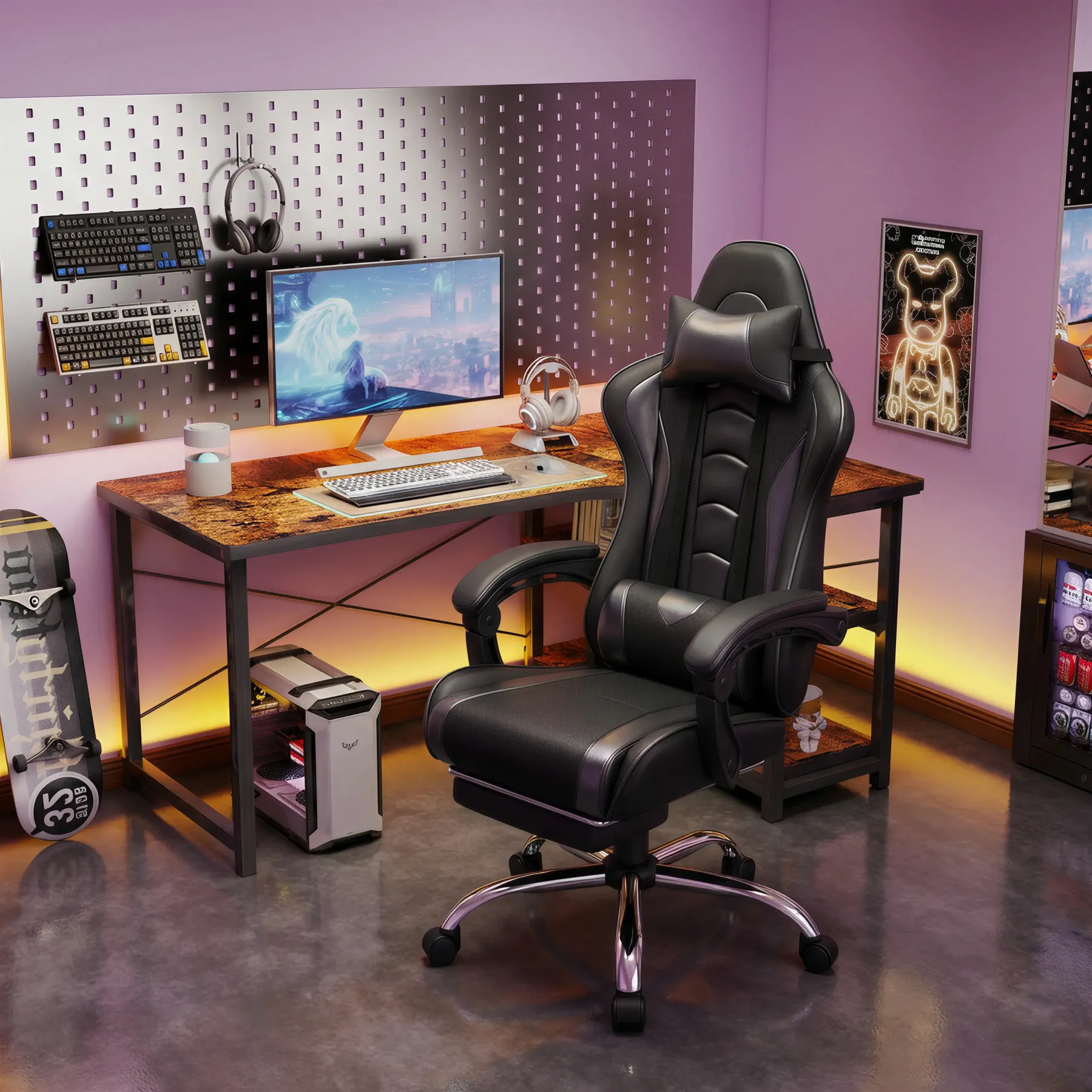 Silla Gamer Ergonómica con Soporte Lumbar de Masaje, Reposapiés Retráctil y Reposacabezas – Silla de Oficina Reclinable de Cuero PU, Silla de Escritorio Giratoria con Ruedas para Gamers de Gran Estatura
