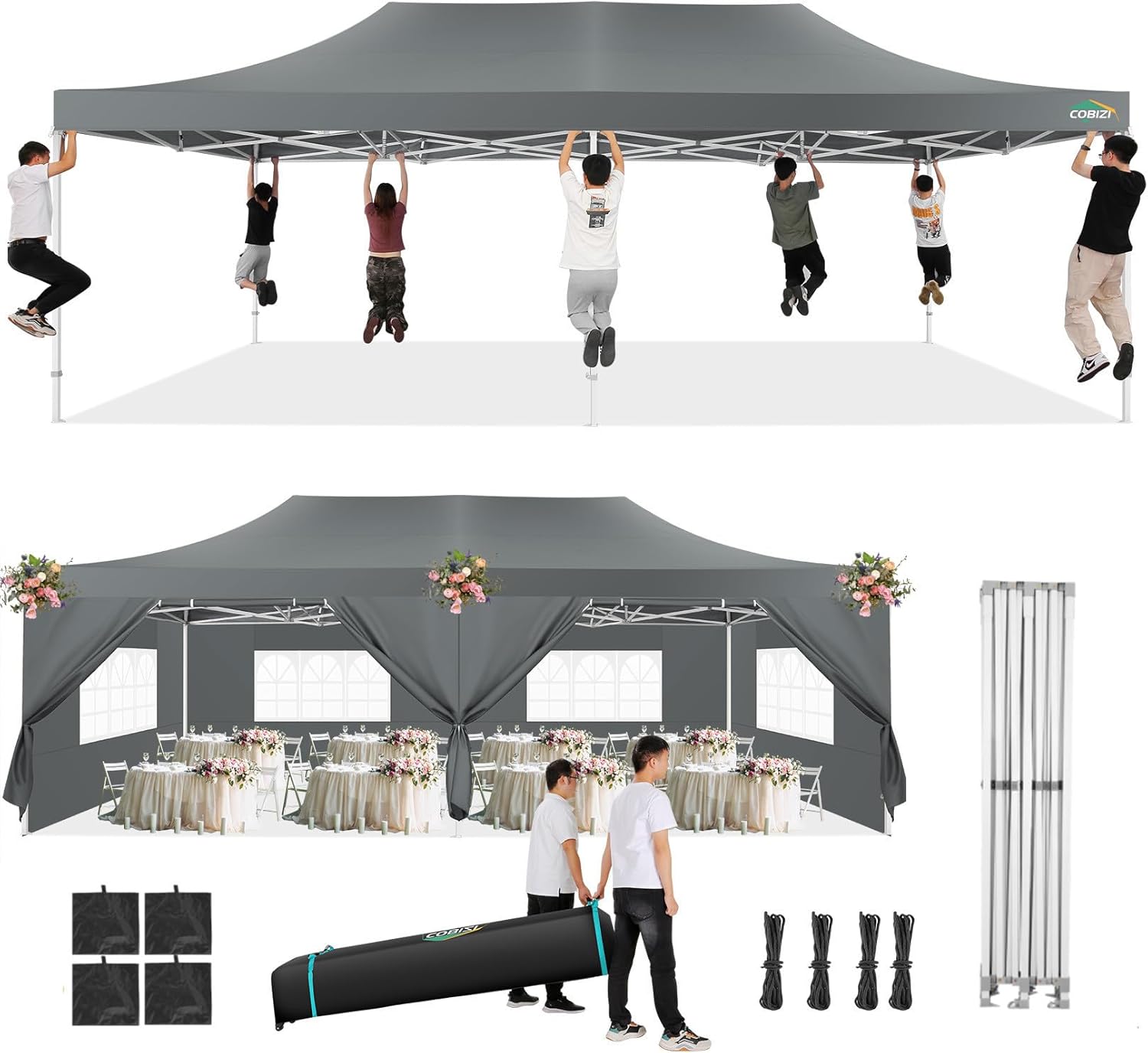COBIZI - Toldo desplegable de 10 x 20 Pulgadas con 6 Paredes Laterales, toldo Impermeable para Eventos al Aire última intervensión, UPF 50+ cenador portátil para Fiestas, Playa, Camping, Boda,