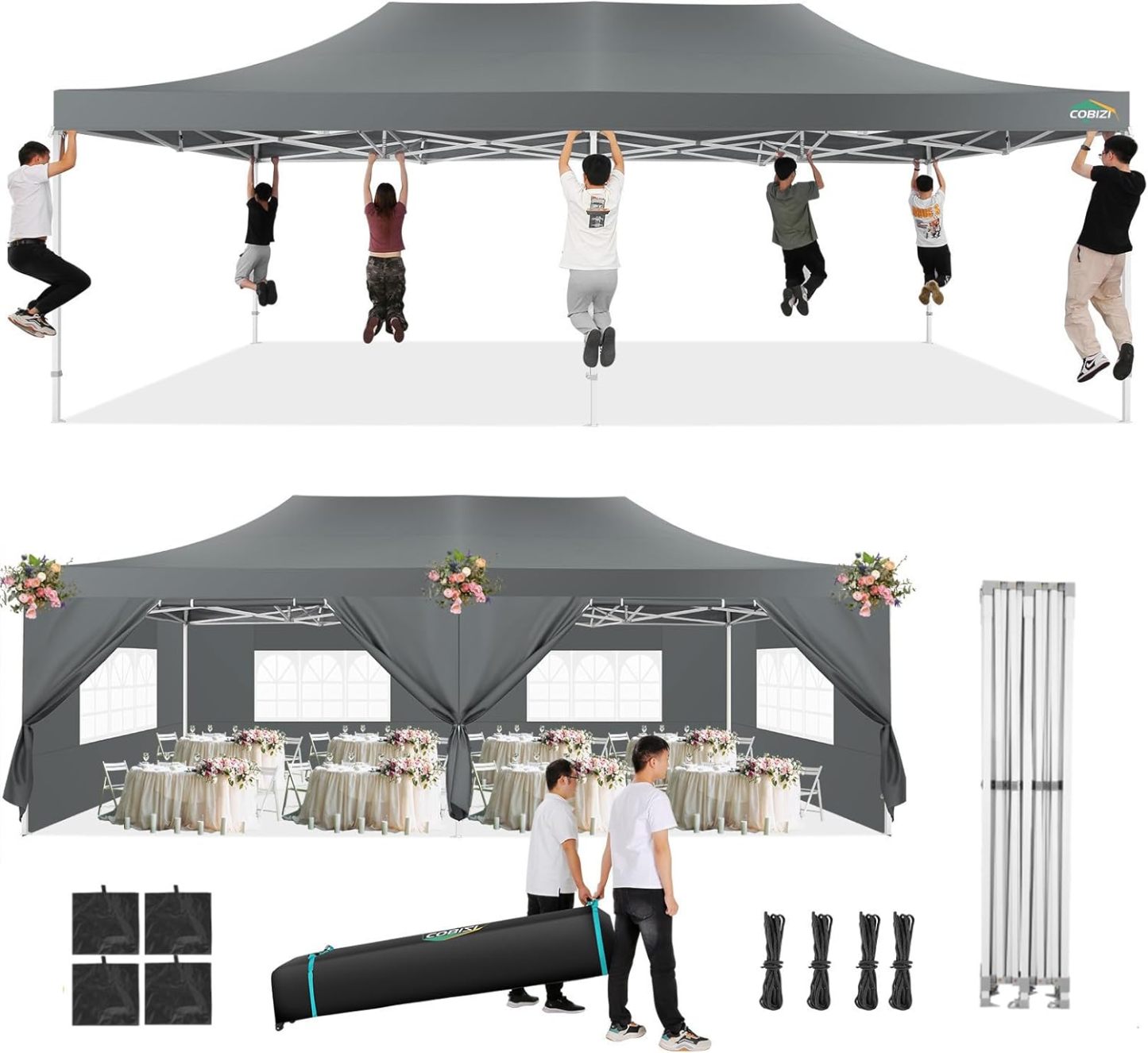 COBIZI - Toldo desplegable de 10 x 20 Pulgadas con 6 Paredes Laterales, toldo Impermeable para Eventos al Aire última intervensión, UPF 50+ cenador portátil para Fiestas, Playa, Camping, Boda,