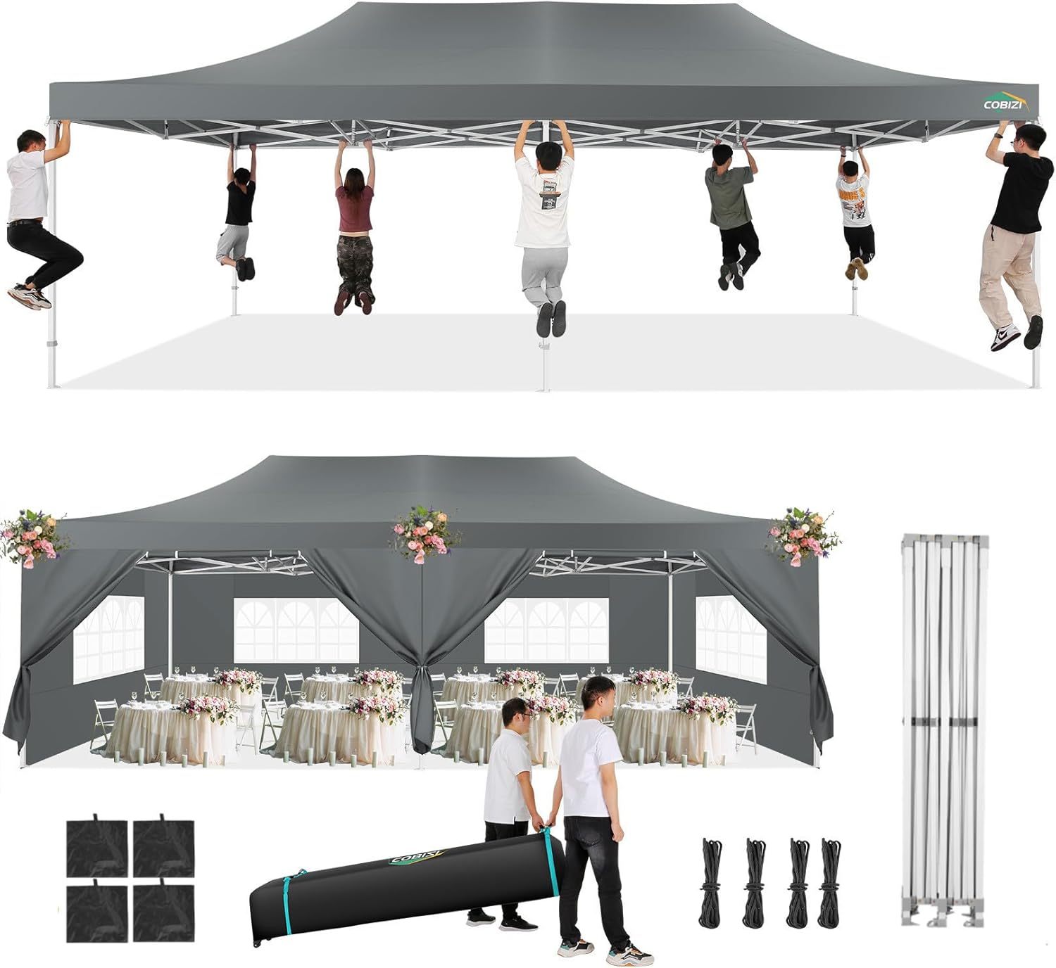 COBIZI - Toldo desplegable de 10 x 20 Pulgadas con 6 Paredes Laterales, toldo Impermeable para Eventos al Aire última intervensión, UPF 50+ cenador portátil para Fiestas, Playa, Camping, Boda,