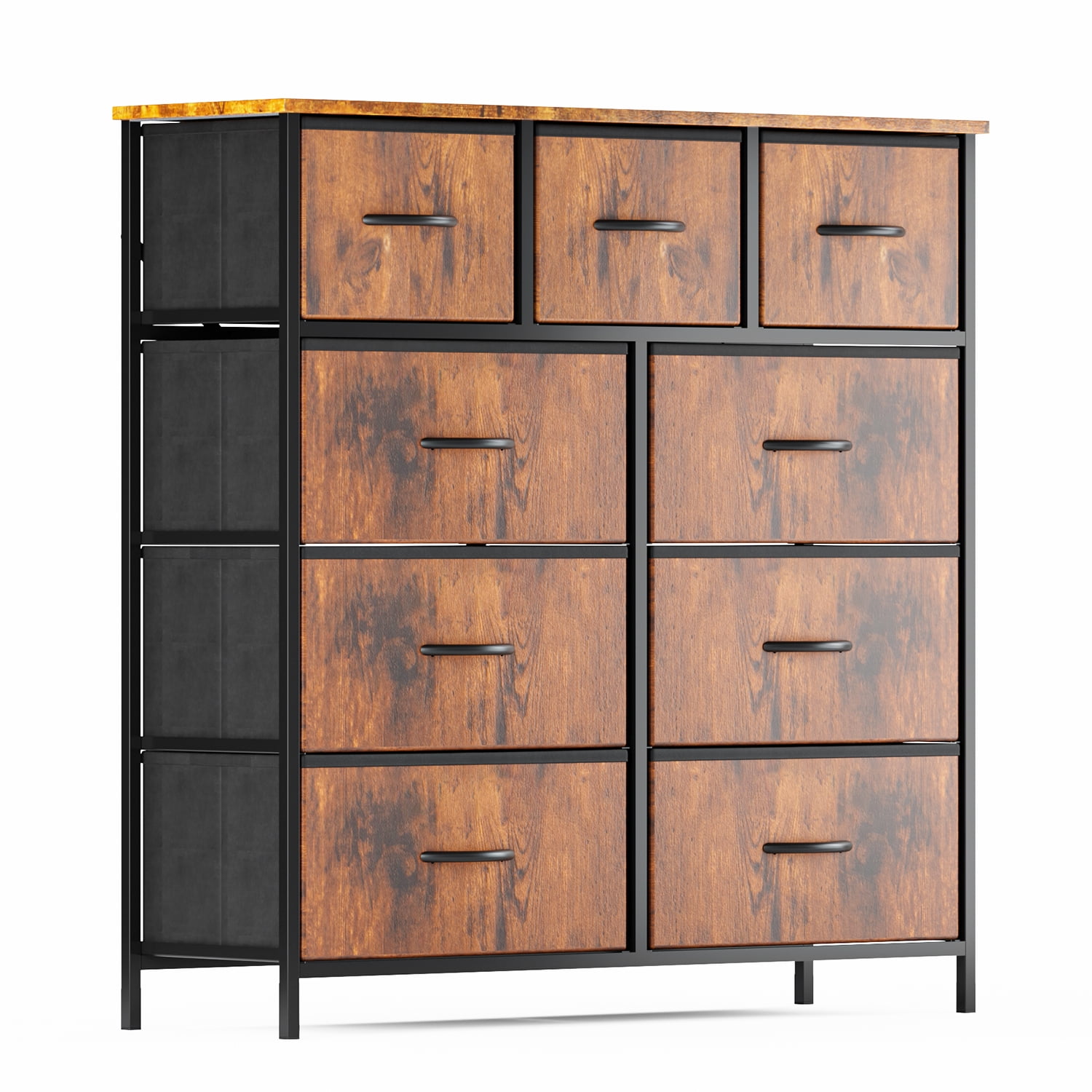 Yanming Cómoda de Tela con 9 cajones, Estructura de Acero y Tapa de Madera para Dormitorio, Armario, Entrada