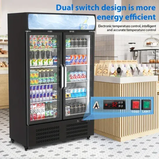 Refrigerador comercial para bebidas HUFY de 26.2 pies cúbicos con 2 puertas de vidrio, enfriador vertical para bebidas con iluminación LED, estantes ajustables y organizadores de bebidas, enfriamiento de 32 a 50