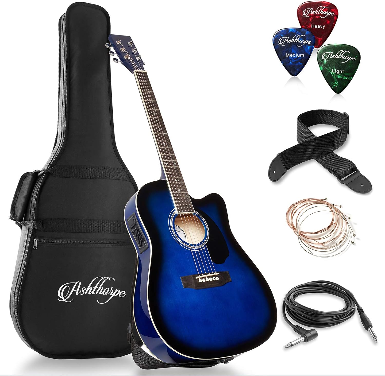 Ashthorpe - Paquete de guitarra acústica-eléctrica de tamaño completo, Negro