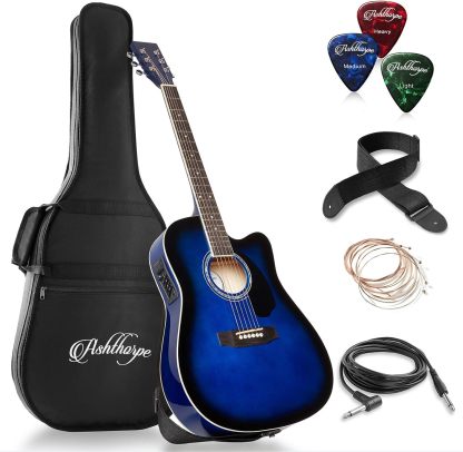 Ashthorpe - Paquete de guitarra acústica-eléctrica de tamaño completo, Negro