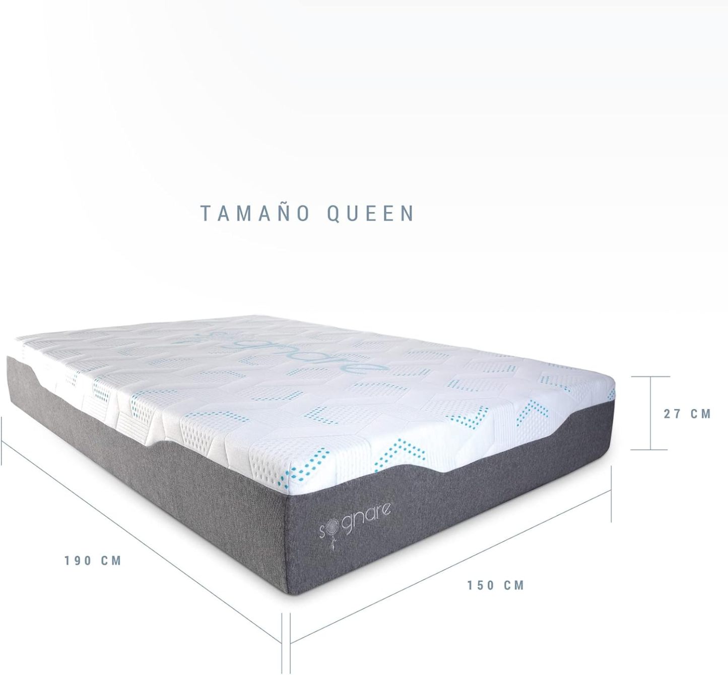 Sognare Sense Colchón Tamaño Queen Size, híbrido de Memory Foam y Gel, Densidad Semi Firme, Fresco con Funda Removible Lavable. 100 Noches de Garantía.