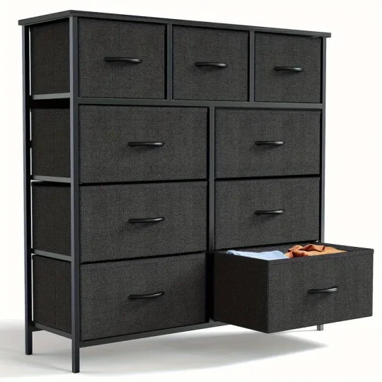 Cómoda Organizadora de Dormitorio de 9 Cajones de Tela - Parte Superior de Madera Resistente, Marco Engrosado, Amplio Almacenamiento para Guardarropas, Habitaciones y Pasillos