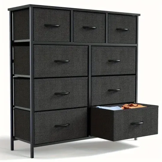 Cómoda Organizadora de Dormitorio de 9 Cajones de Tela - Parte Superior de Madera Resistente, Marco Engrosado, Amplio Almacenamiento para Guardarropas, Habitaciones y Pasillos