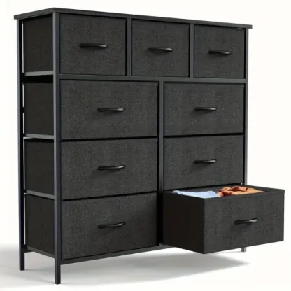 Cómoda Organizadora de Dormitorio de 9 Cajones de Tela - Parte Superior de Madera Resistente, Marco Engrosado, Amplio Almacenamiento para Guardarropas, Habitaciones y Pasillos
