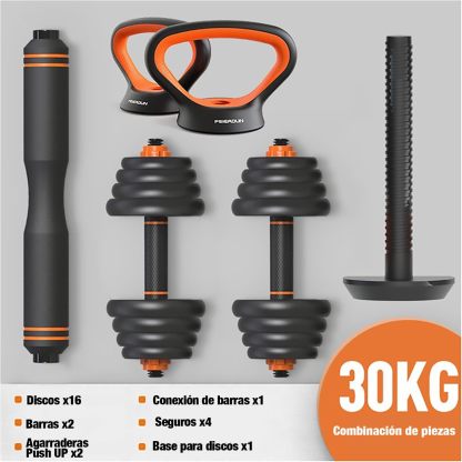 Kit de Mancuernas Brandtrendy 6 en 1 Ajustable – Pesas Rusas, Barra y Discos para Entrenamiento en Casa y Gimnasio – Diseño Compacto y Seguro, Ideal para Rutinas Completa de Fuerza y Resistencia