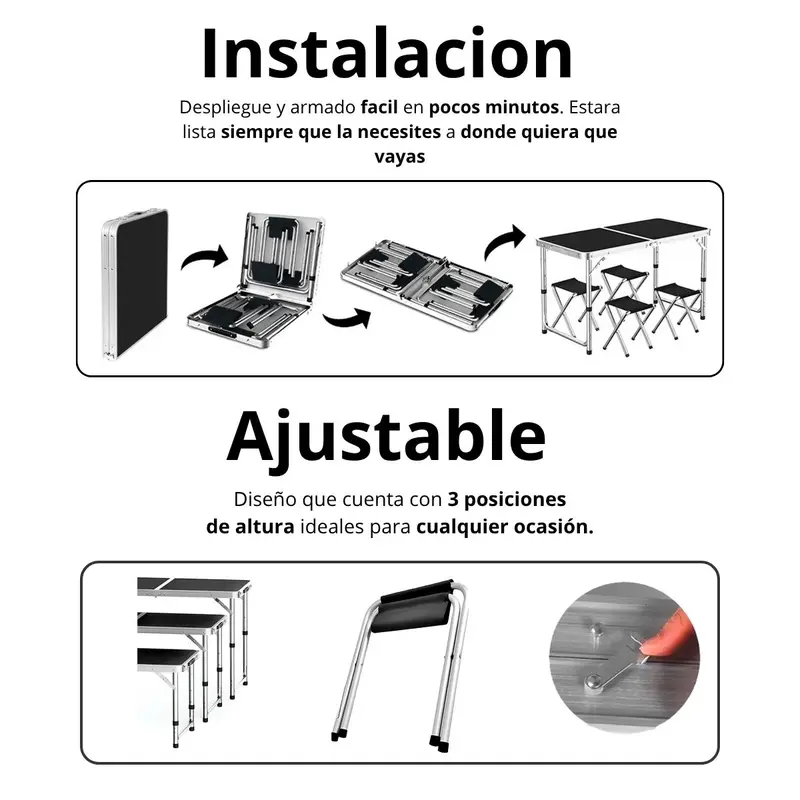 Set de Comedor Plegable 10 Piezas: 2 Mesas y 8 Sillas Tipo Maletín Fácil de Transportar