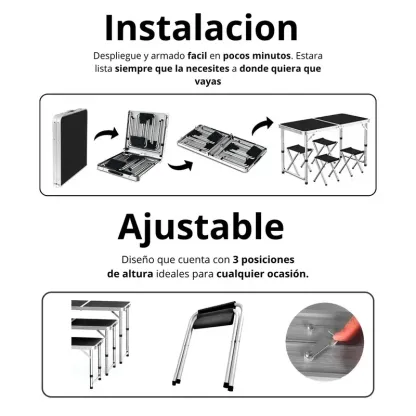 Set de Comedor Plegable 10 Piezas: 2 Mesas y 8 Sillas Tipo Maletín Fácil de Transportar