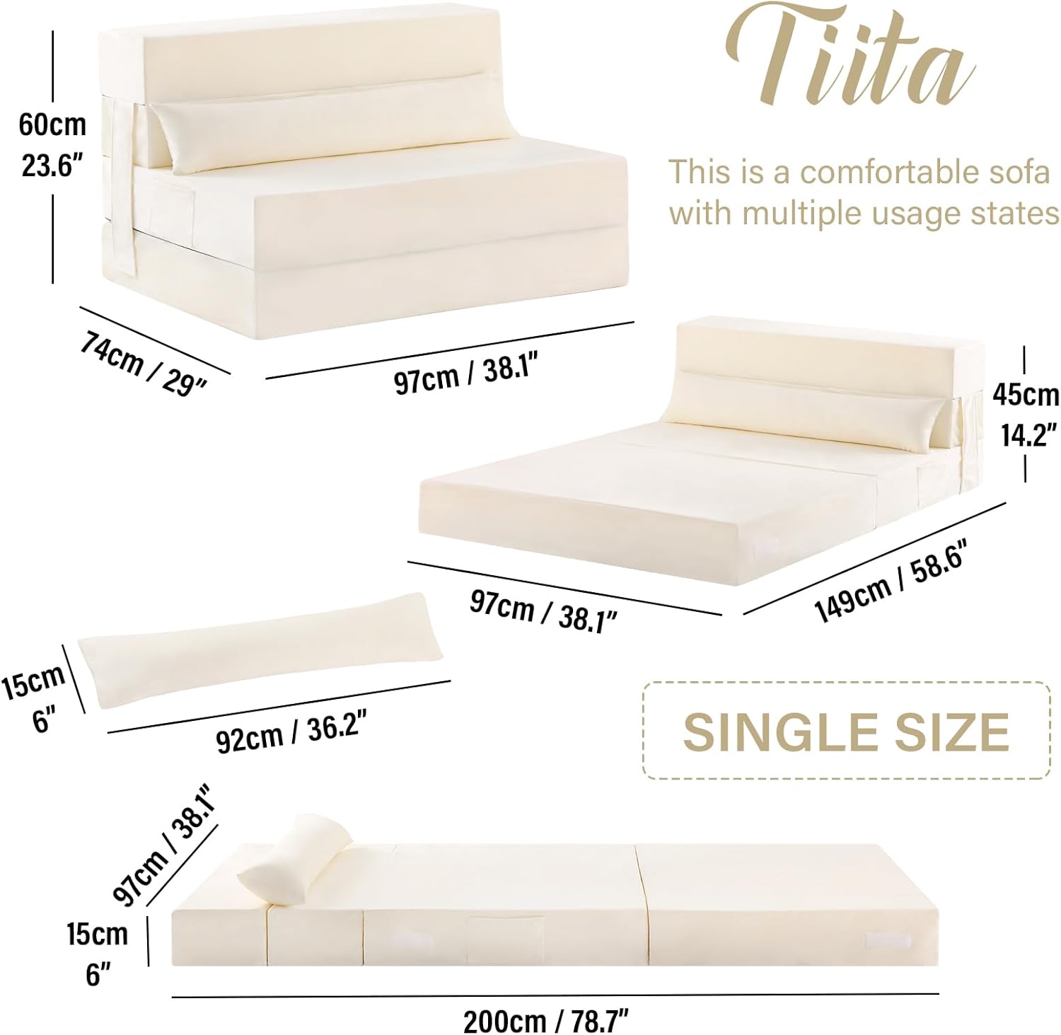 Tiita - Sillón de futón, tamaño individual, sofá cama plegable con almohada, colchón de piso y futón para sala de estar, recámara, uso de invitados, departamento