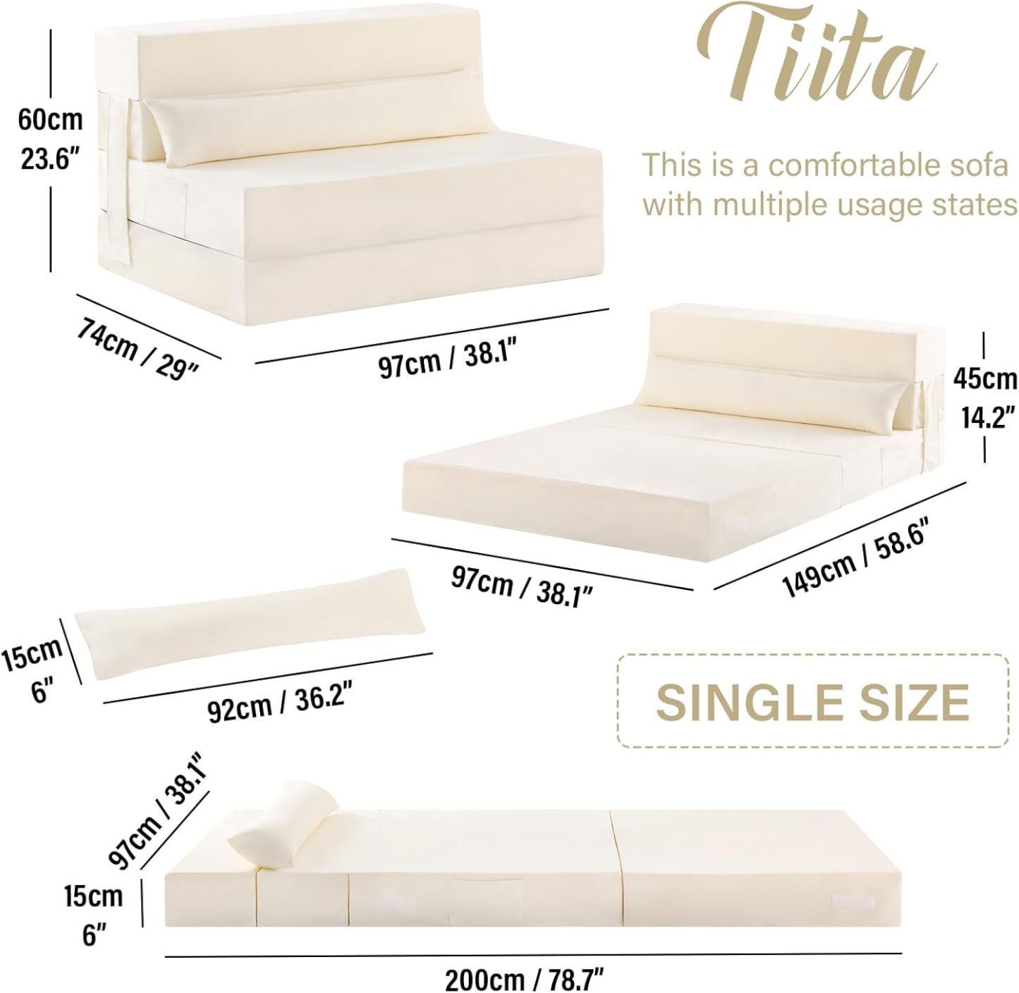 Tiita - Sillón de futón, tamaño individual, sofá cama plegable con almohada, colchón de piso y futón para sala de estar, recámara, uso de invitados, departamento