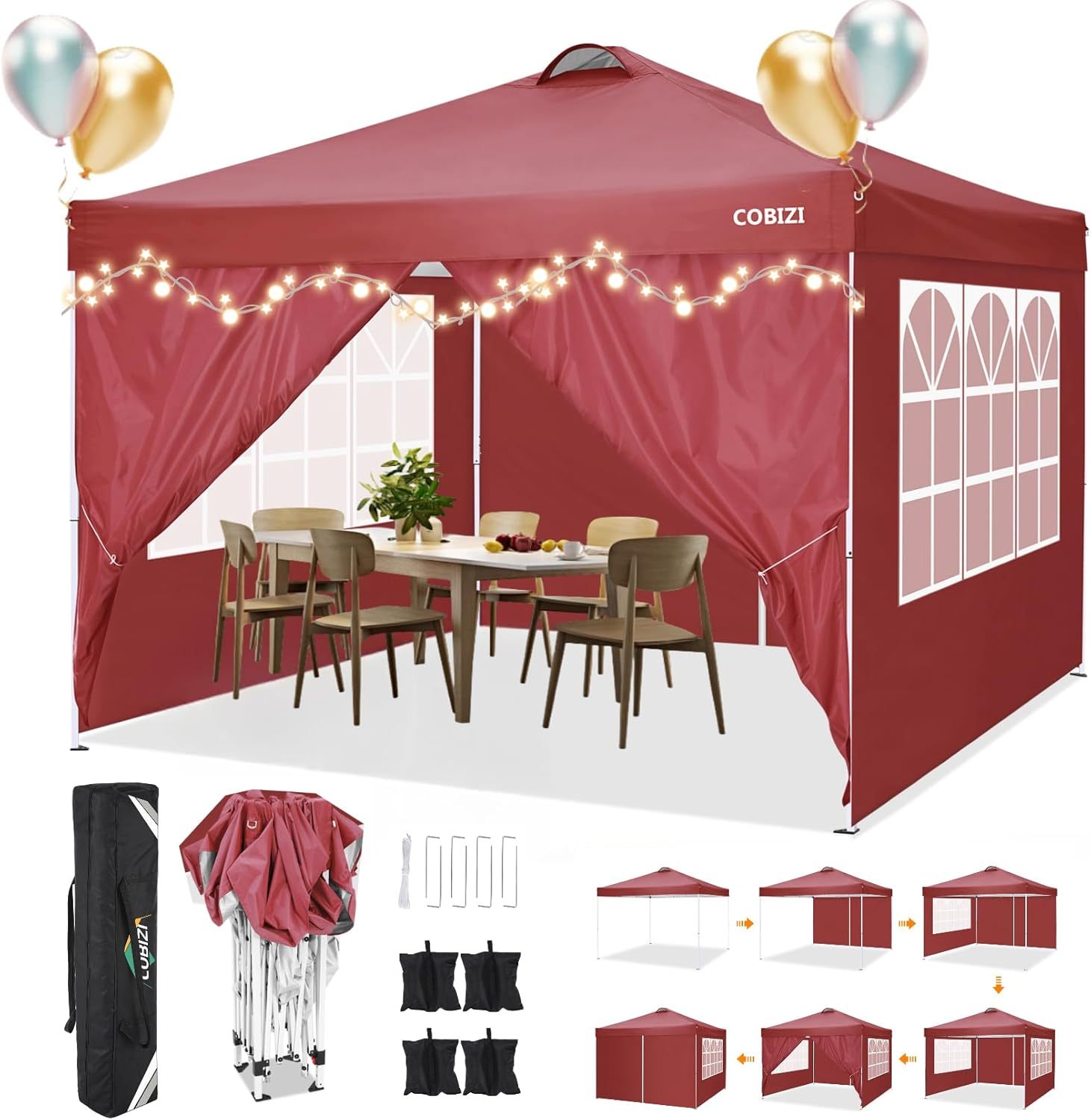 COBIZI - Toldo desplegable de 10 x 20 Pulgadas con 6 Paredes Laterales, toldo Impermeable para Eventos al Aire última intervensión, UPF 50+ cenador portátil para Fiestas, Playa, Camping, Boda,