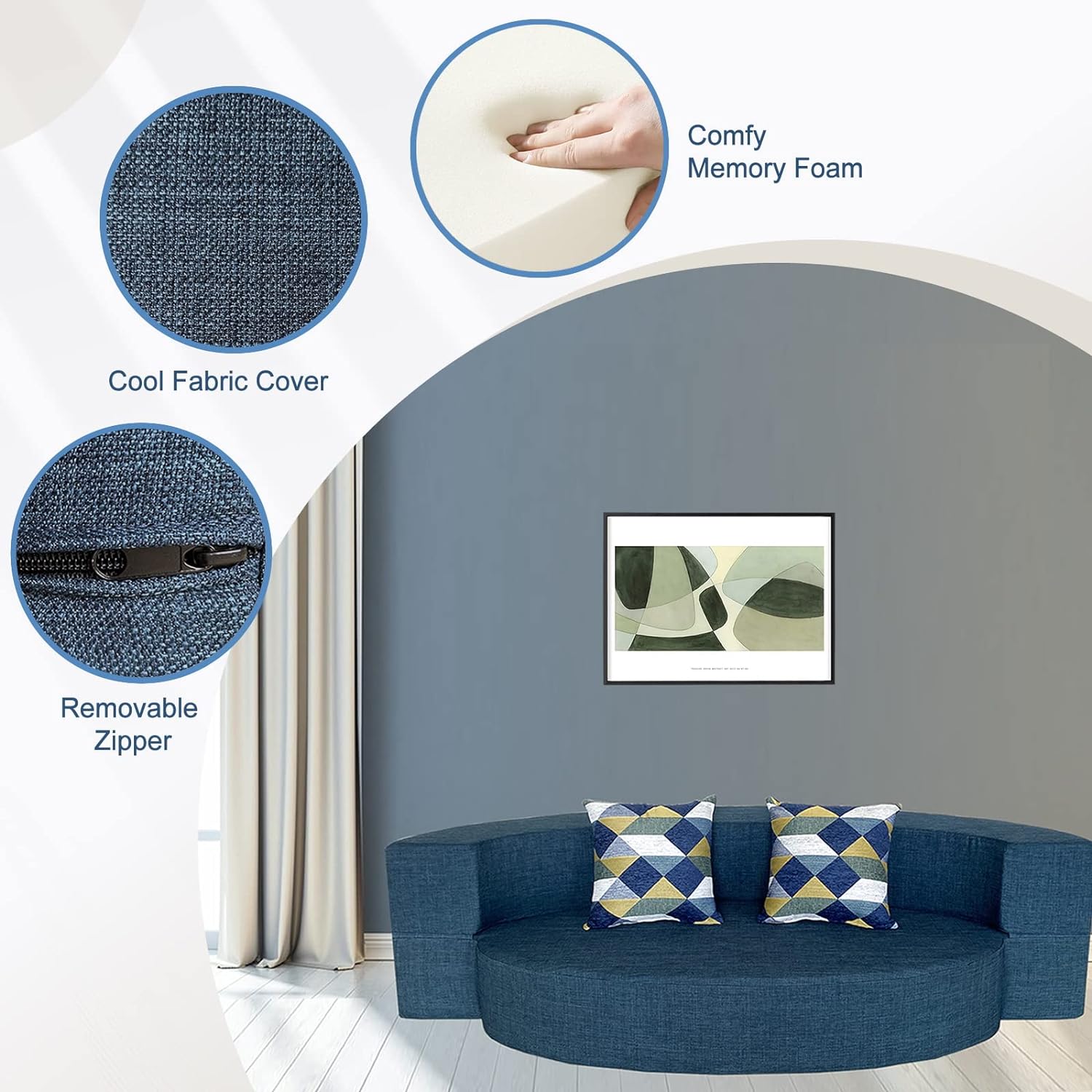 Silla reclinable Anoner, sofá cama plegable de 152 cm, diván con 2 cojines, funda lavable de espuma viscoelástica tamaño queen, color gris claro
