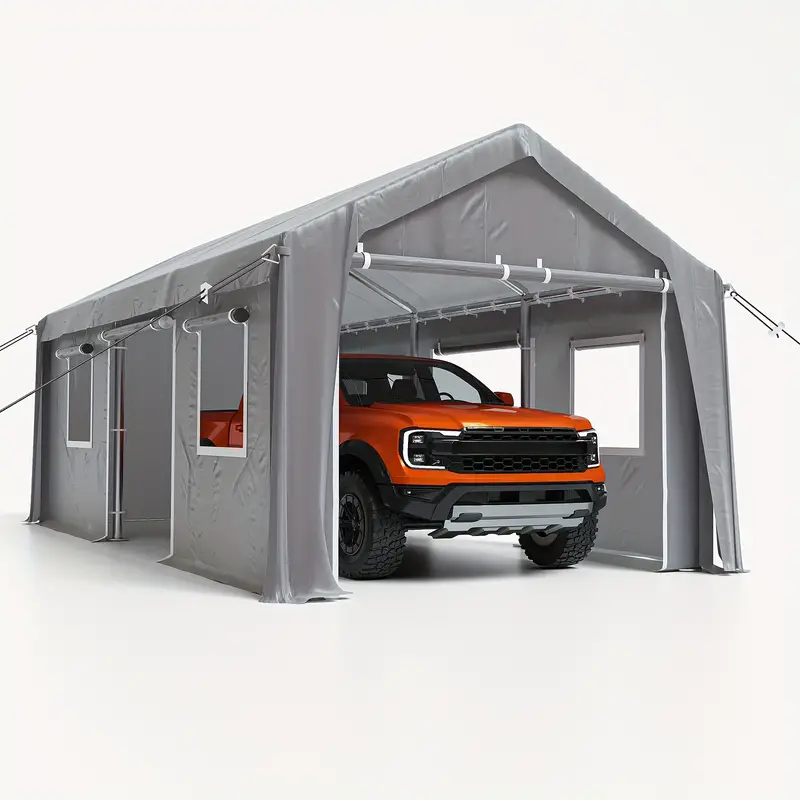 Carpa para autos de alta resistencia de 13'x20', toldo para autos con paredes laterales y puertas extraíbles, garaje portátil extragrande para autos con ventanas enrollables y lona para todas las estaciones, para autos, camionetas, SUV, gris