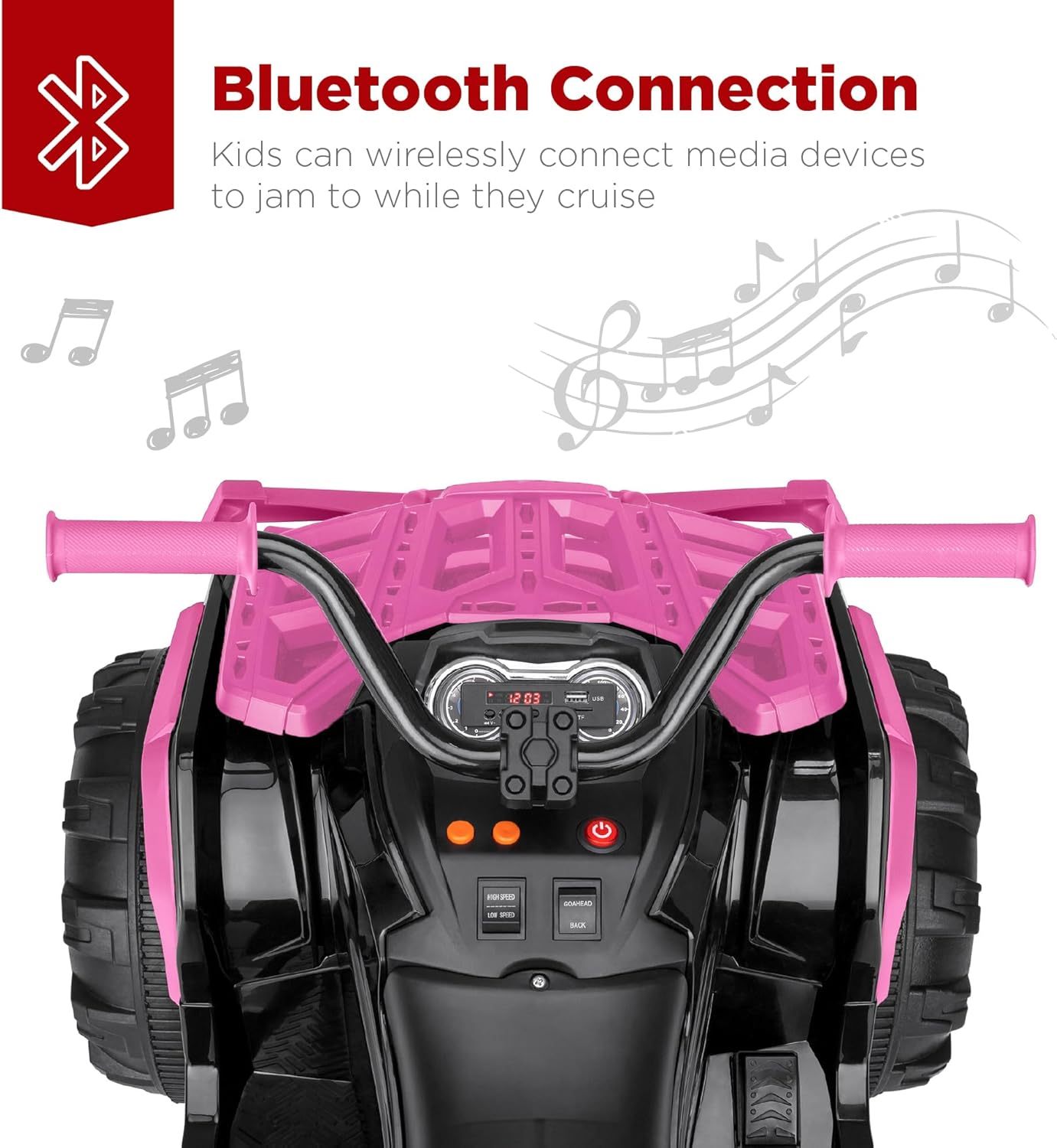 Best Choice Products 12V ATV eléctrico para niños de 4 ruedas con audio Bluetooth, velocidad máxima de 3.7 mph, neumáticos con banda de rodadura, faros LED, radio, color negro