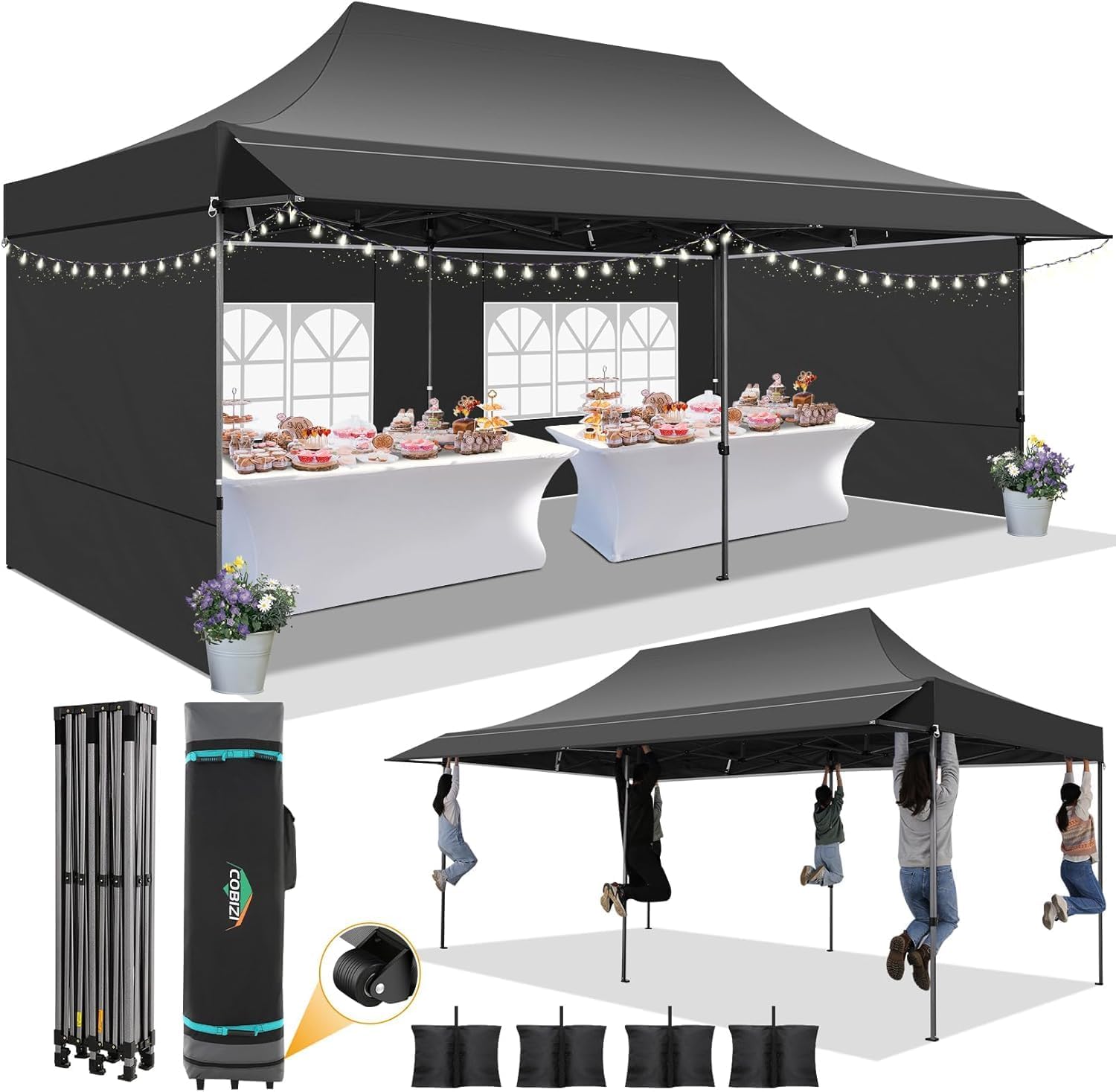 COBIZI - Toldo desplegable de 10 x 20 Pulgadas con 6 Paredes Laterales, toldo Impermeable para Eventos al Aire última intervensión, UPF 50+ cenador portátil para Fiestas, Playa, Camping, Boda,