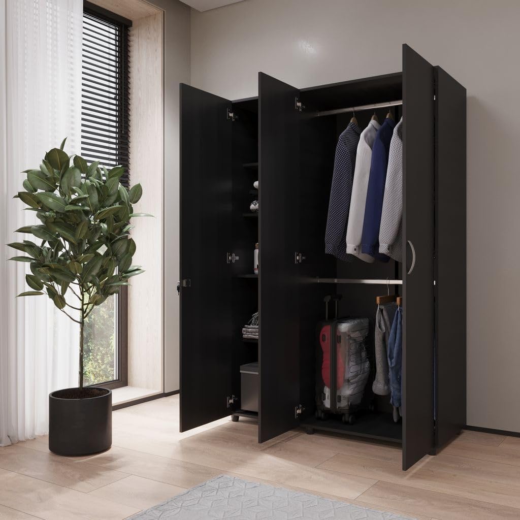 MADERKIT | Ropero Bilbao 120 cm Ancho | Tamaño Mediano | Color Wengue | 3 Puertas y Llave de Seguridad | Mueble Listo para armar | Estantes y Tubos para Colgar (Wengue)