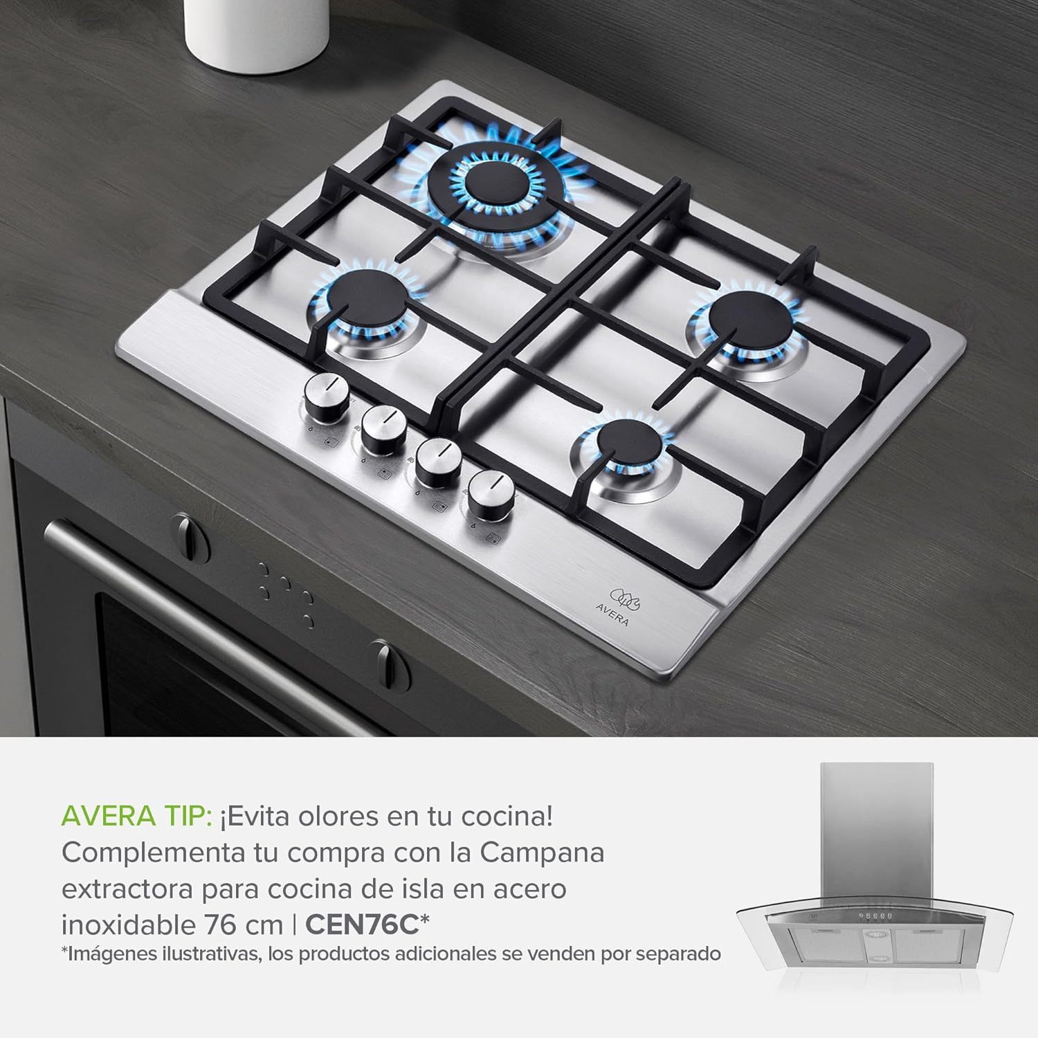 AVERA Parrilla de Gas 4 Quemadores, Acero Inoxidable 60cm (Incluye Accesorios para Instalarla), Encendido Electronico, Perillas Metalicas, Estufa Empotrable, para Gas LP y Gas Natural, AI4