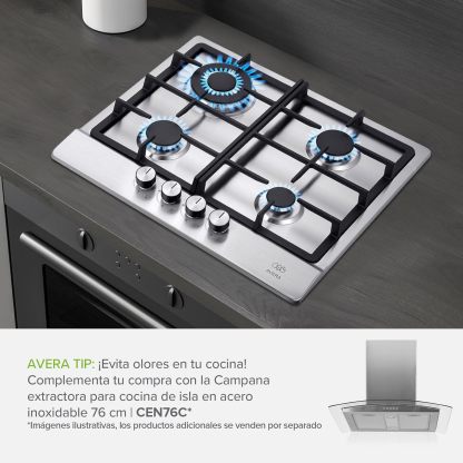 AVERA Parrilla de Gas 4 Quemadores, Acero Inoxidable 60cm (Incluye Accesorios para Instalarla), Encendido Electronico, Perillas Metalicas, Estufa Empotrable, para Gas LP y Gas Natural, AI4