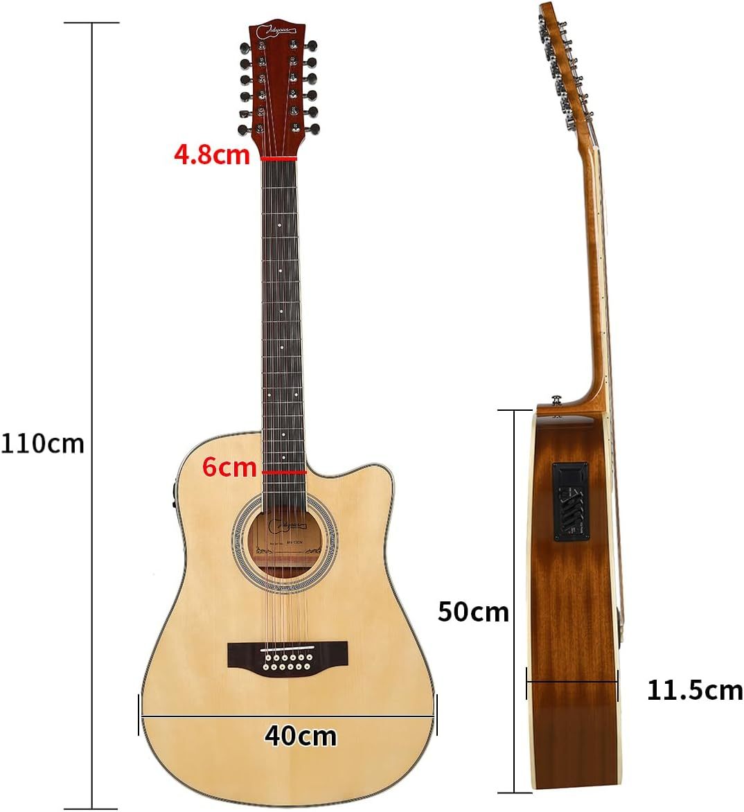 Jidyous-41 Inch,4/4,Guitarra Electroacústica 12 cuerdas,con Funda Acolchada, afinadores, Tirantes de guitarra,cuerdas, paletas, capó, adecuada para adultos jóvenes de nivel medio (Black)