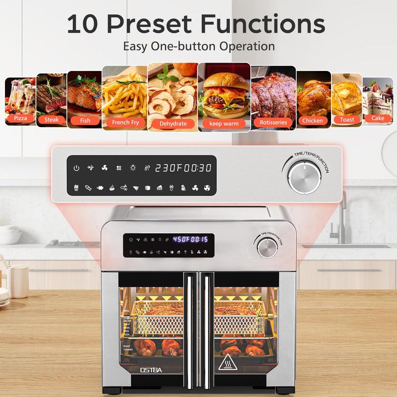 Combo de Freidora de Aire y Horno Tostador OSTBA con Puertas Francesas — Incluye 102 Recetas y 7 Accesorios. Freidora de Aire y Horno de Convección de Sobremesa Extra Grande 10 en 1: 95% Menos Aceite, Cocción Rápida y Crujiente, Fácil de Limpiar.
