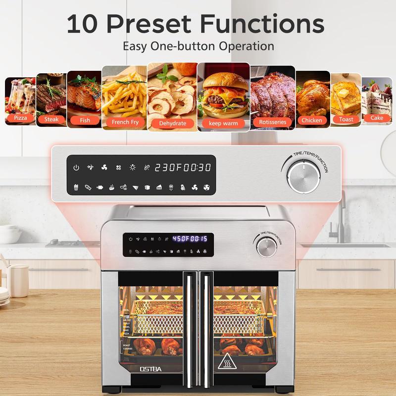 Combo de Freidora de Aire y Horno Tostador OSTBA con Puertas Francesas — Incluye 102 Recetas y 7 Accesorios. Freidora de Aire y Horno de Convección de Sobremesa Extra Grande 10 en 1: 95% Menos Aceite, Cocción Rápida y Crujiente, Fácil de Limpiar.