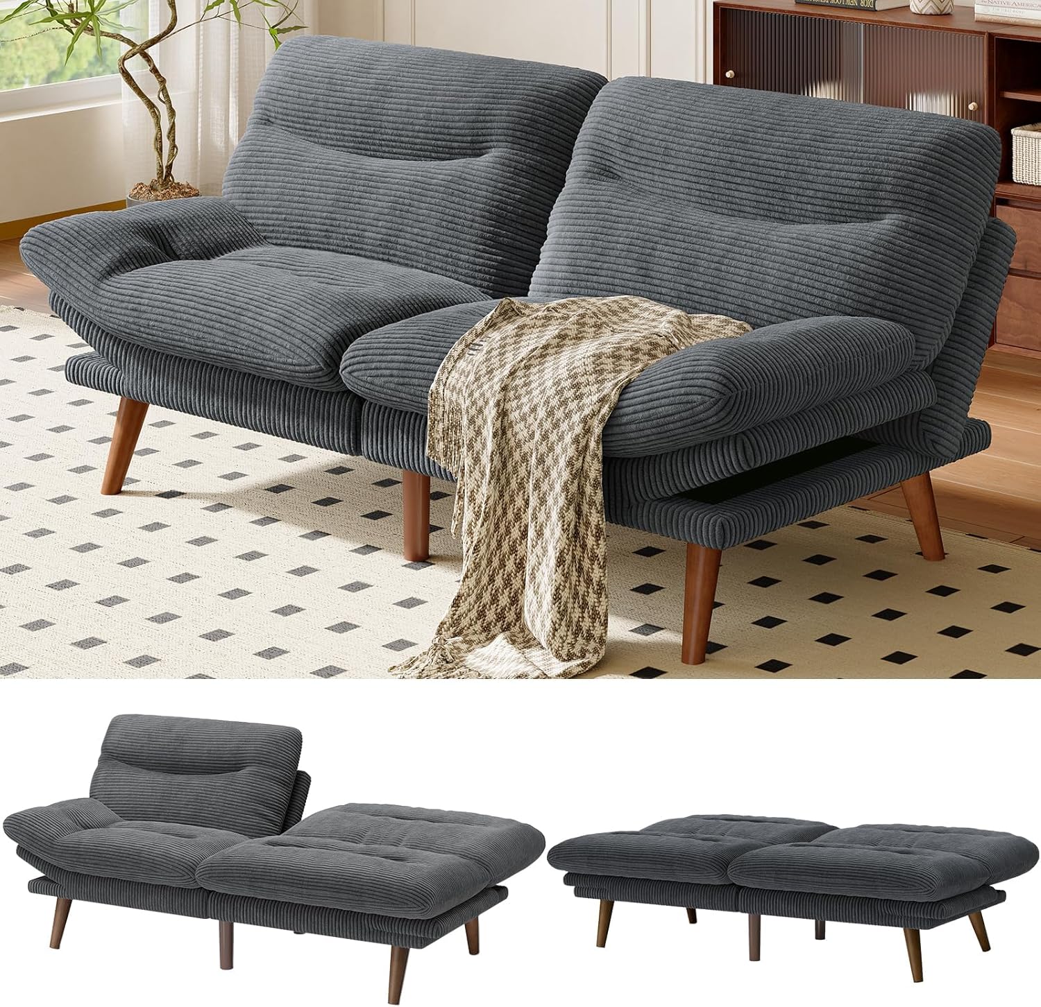AMADA Sofá Cama Futón Convertible de 66", Juego de Futón Plegable de Pana con Respaldo y Reposabrazos Ajustables, Sillón Reclinable para Sala de Estar, Departamento u Oficina, Marco de Madera Sólida