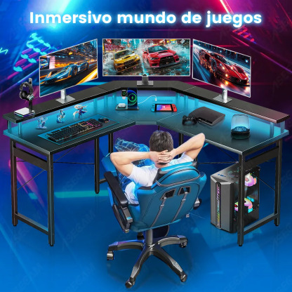 Escritorio Gamer En Forma De L Con Luz Led , Toma Y Soporte