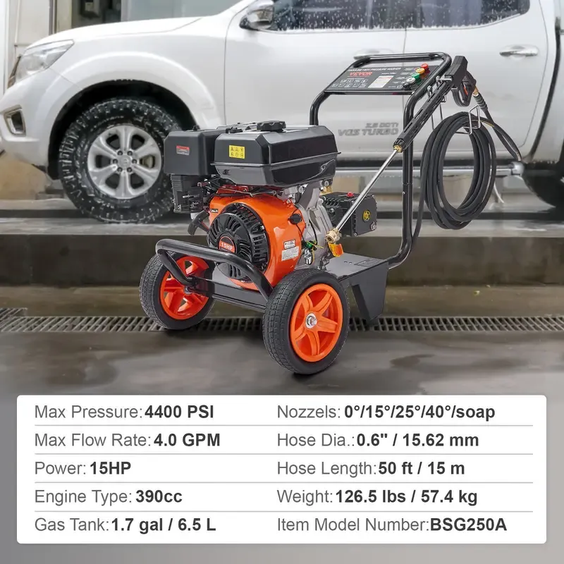 Hidrolavadora a gasolina VEVOR, 4400 PSI, 4.0 GPM, con bomba de cobre, pistola pulverizadora y lanza de extensi��n, 5 boquillas de conexi��n r��pida, para limpiar coches, casas, entradas de veh��culos y patios.