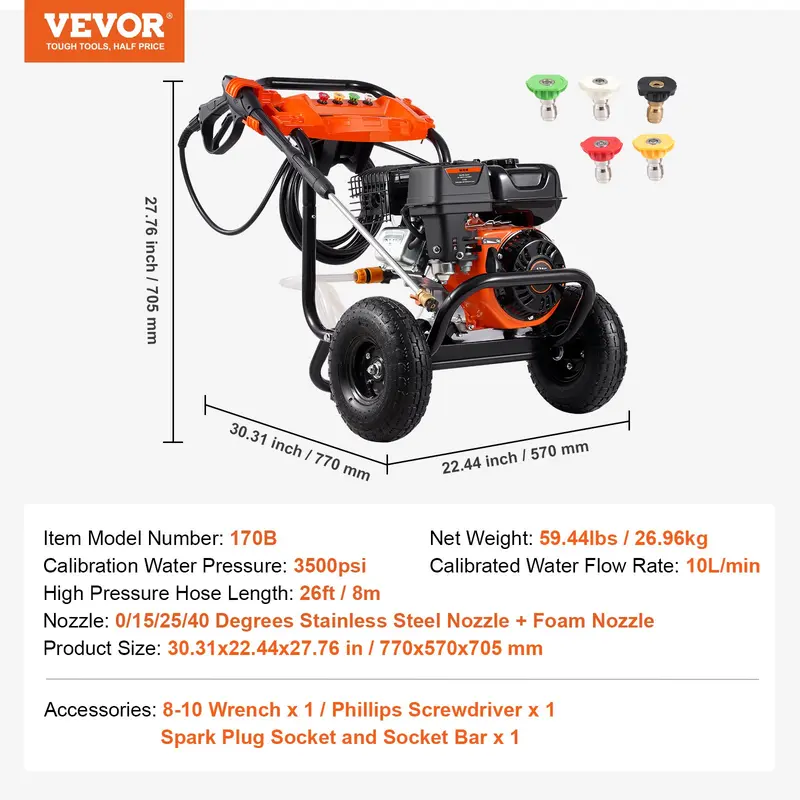 Hidrolavadora a gasolina VEVOR, 4400 PSI, 4.0 GPM, con bomba de cobre, pistola pulverizadora y lanza de extensión, 5 boquillas de conexión rápida, para limpiar coches, casas, entradas de vehículos y patios.