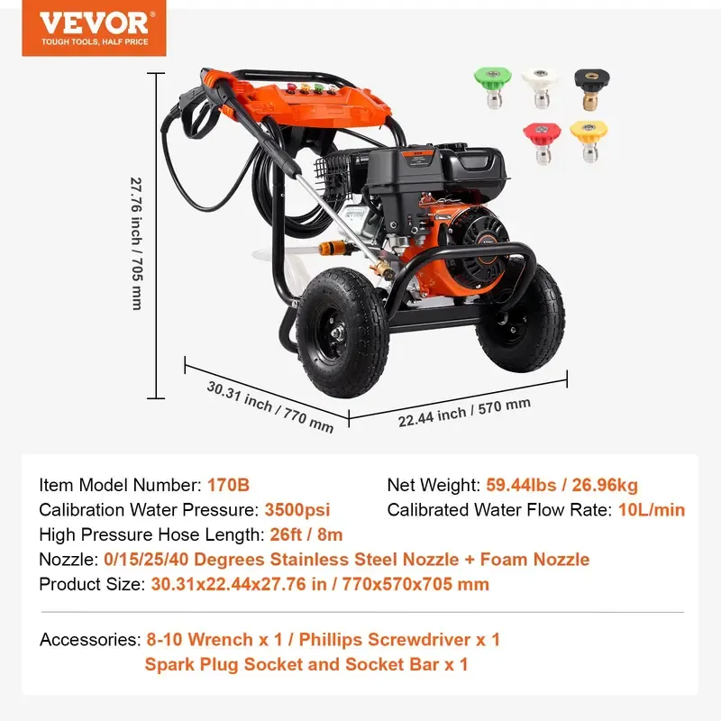 Hidrolavadora a gasolina VEVOR, 4400 PSI, 4.0 GPM, con bomba de cobre, pistola pulverizadora y lanza de extensión, 5 boquillas de conexión rápida, para limpiar coches, casas, entradas de vehículos y patios.