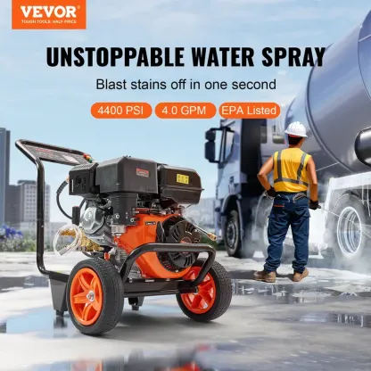Hidrolavadora a gasolina VEVOR, 4400 PSI, 4.0 GPM, con bomba de cobre, pistola pulverizadora y lanza de extensión, 5 boquillas de conexión rápida, para limpiar coches, casas, entradas de vehículos y patios.