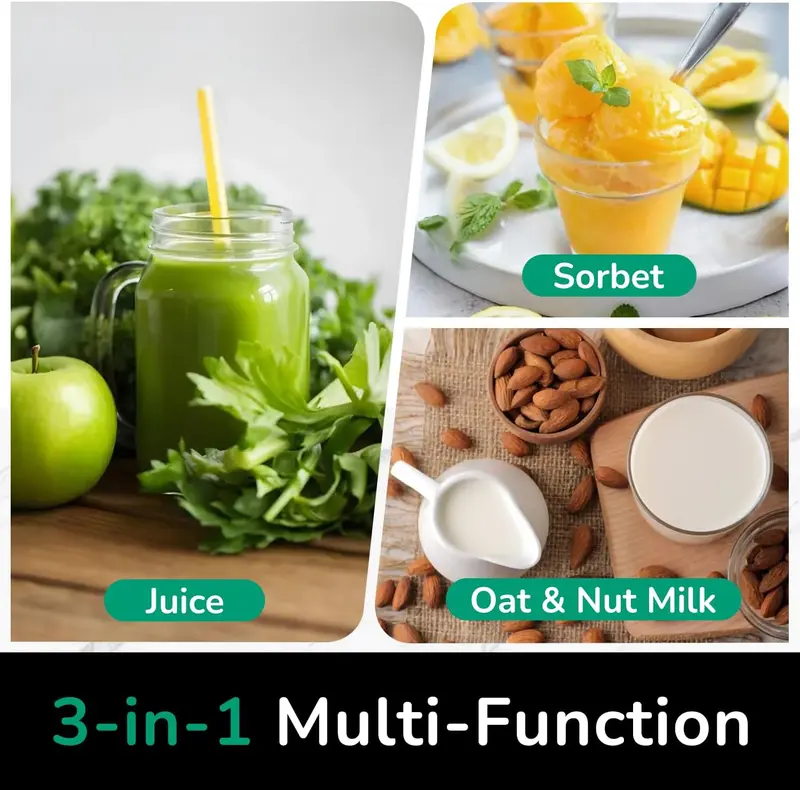 Licuadora de prensado en frío CL C16, boca de alimentación extra ancha de 15 cm, coladores 3 en 1 (jugo, sorbete y leche vegetal), potente motor de CA sin escobillas, sistema de precorte automático, máquina de licuado libre de BPA.