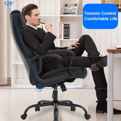 Silla de oficina grande y alta de 500 libras de asiento ancho, silla de computadora ergonómica con brazos de apoyo lumbar, respaldo alto, silla de computadora ejecutiva de piel sintético, para