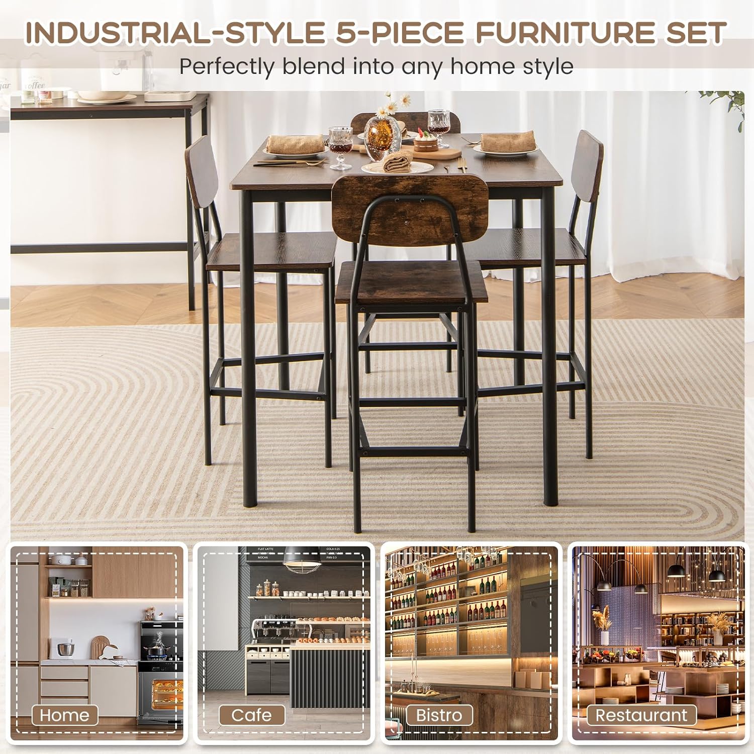 Juego de mesa de comedor de 5 piezas con mesa de altura y 4 taburetes de bar, juego de comedor industrial de cocina con reposapiés y respaldo, juego de comedor que ahorra espacio para pub,
