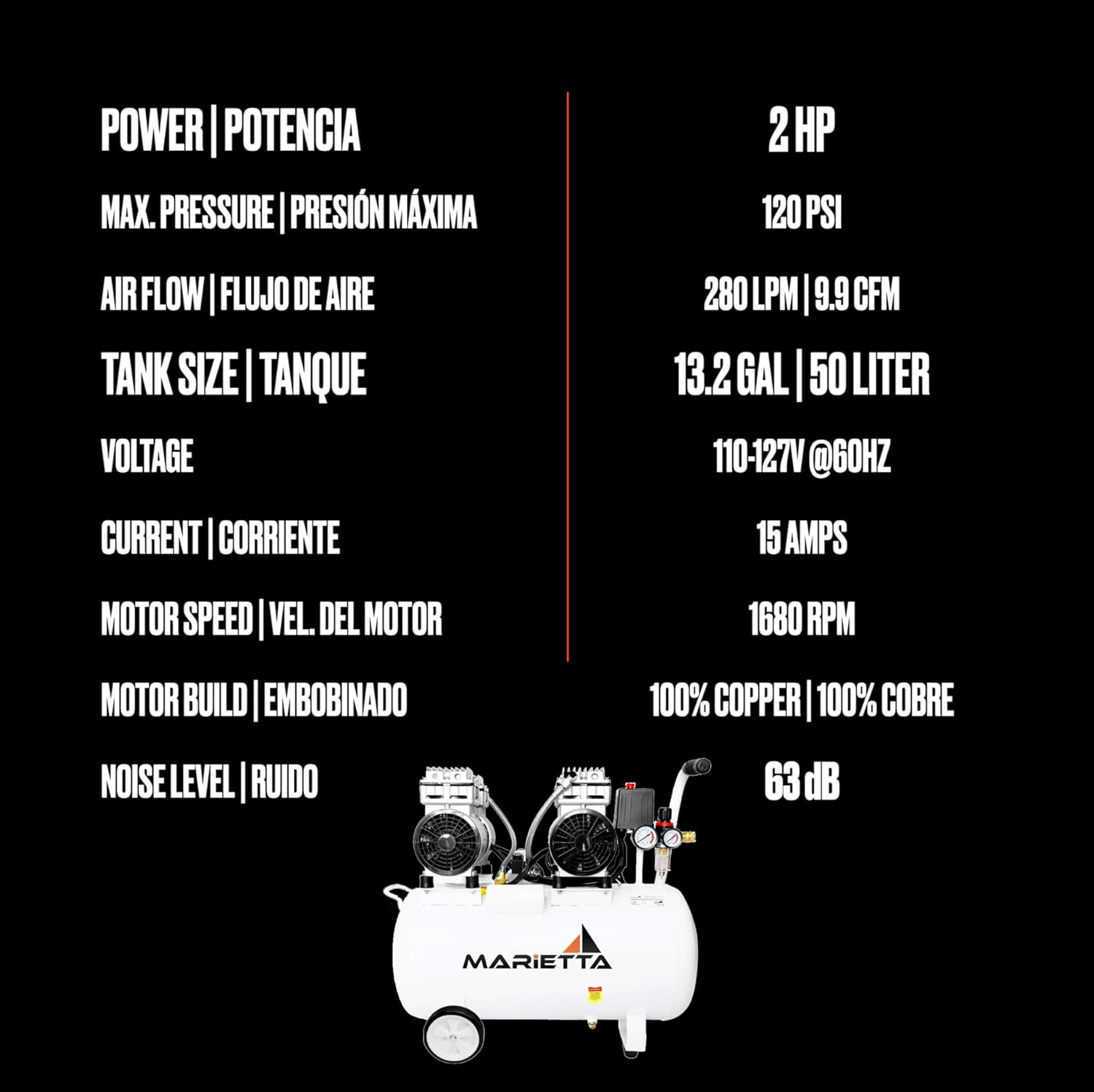 MARIETTA 2HP 50L: Compresor de Aire Silencioso - Compresor robusto de llenado rápido con 2 HP y tanque de 50L. Doble Motor Libre de Aceite.