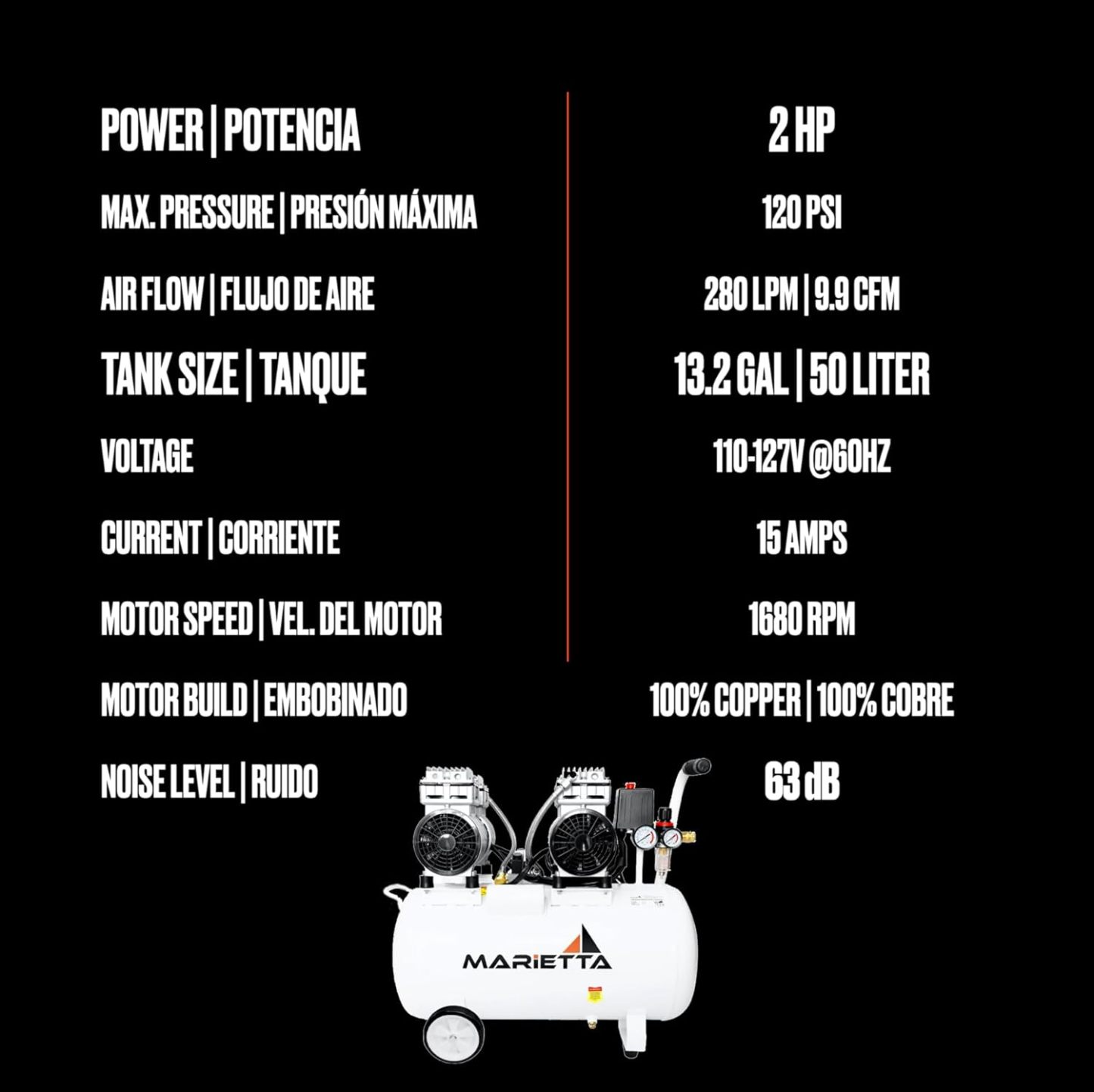 MARIETTA 2HP 50L: Compresor de Aire Silencioso - Compresor robusto de llenado rápido con 2 HP y tanque de 50L. Doble Motor Libre de Aceite.