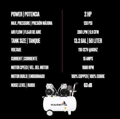 MARIETTA 2HP 50L: Compresor de Aire Silencioso - Compresor robusto de llenado rápido con 2 HP y tanque de 50L. Doble Motor Libre de Aceite.